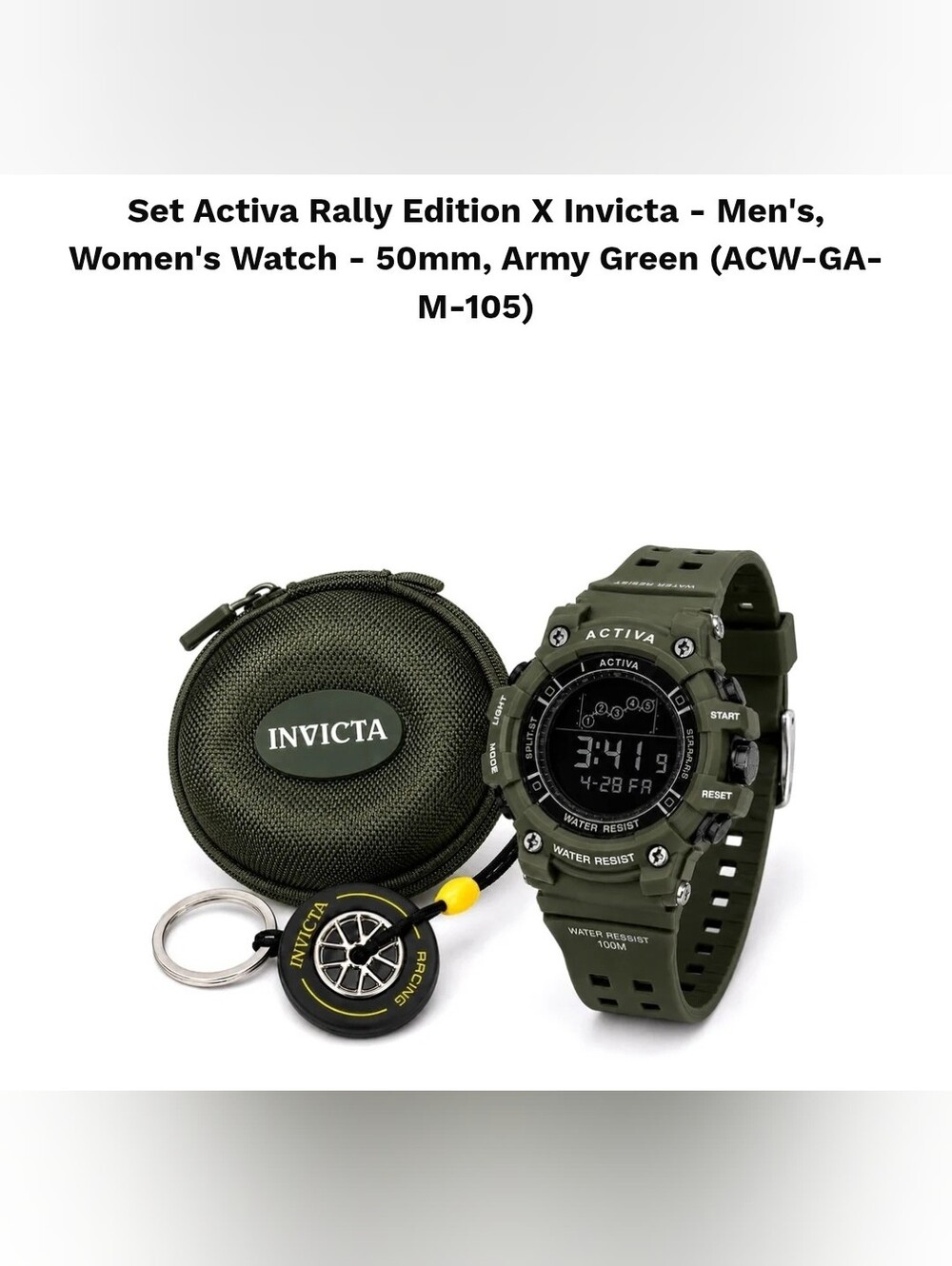 NEW Bundle Army Green Activa Digital Sport Watch Invicta Case & Tire Keychain